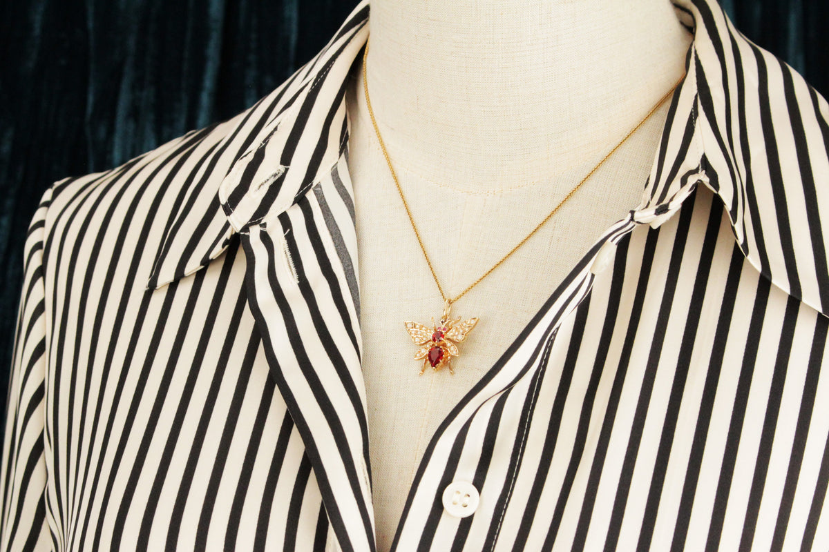 RETRO ANTIQUE STYLE GARNET RUBY &amp; SEED PEARL WASP PENDANT 9ct GOLD