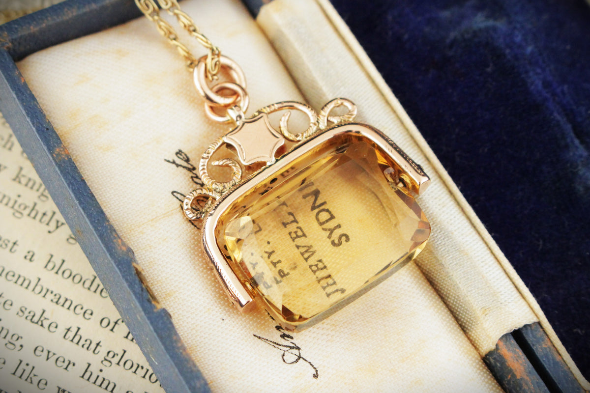 ANTIQUE 1922 CITRINE FOB SPINNER 9ct GOLD