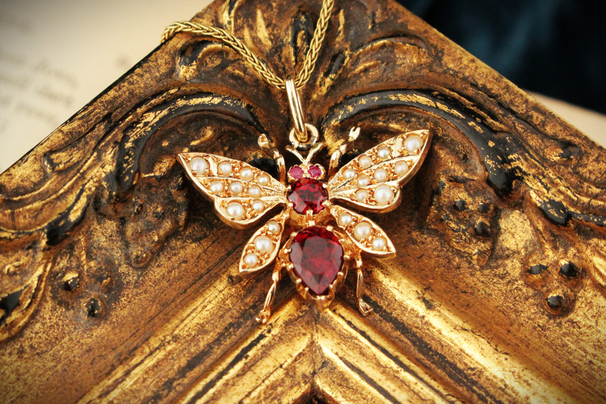 RETRO ANTIQUE STYLE GARNET RUBY &amp; SEED PEARL WASP PENDANT 9ct GOLD