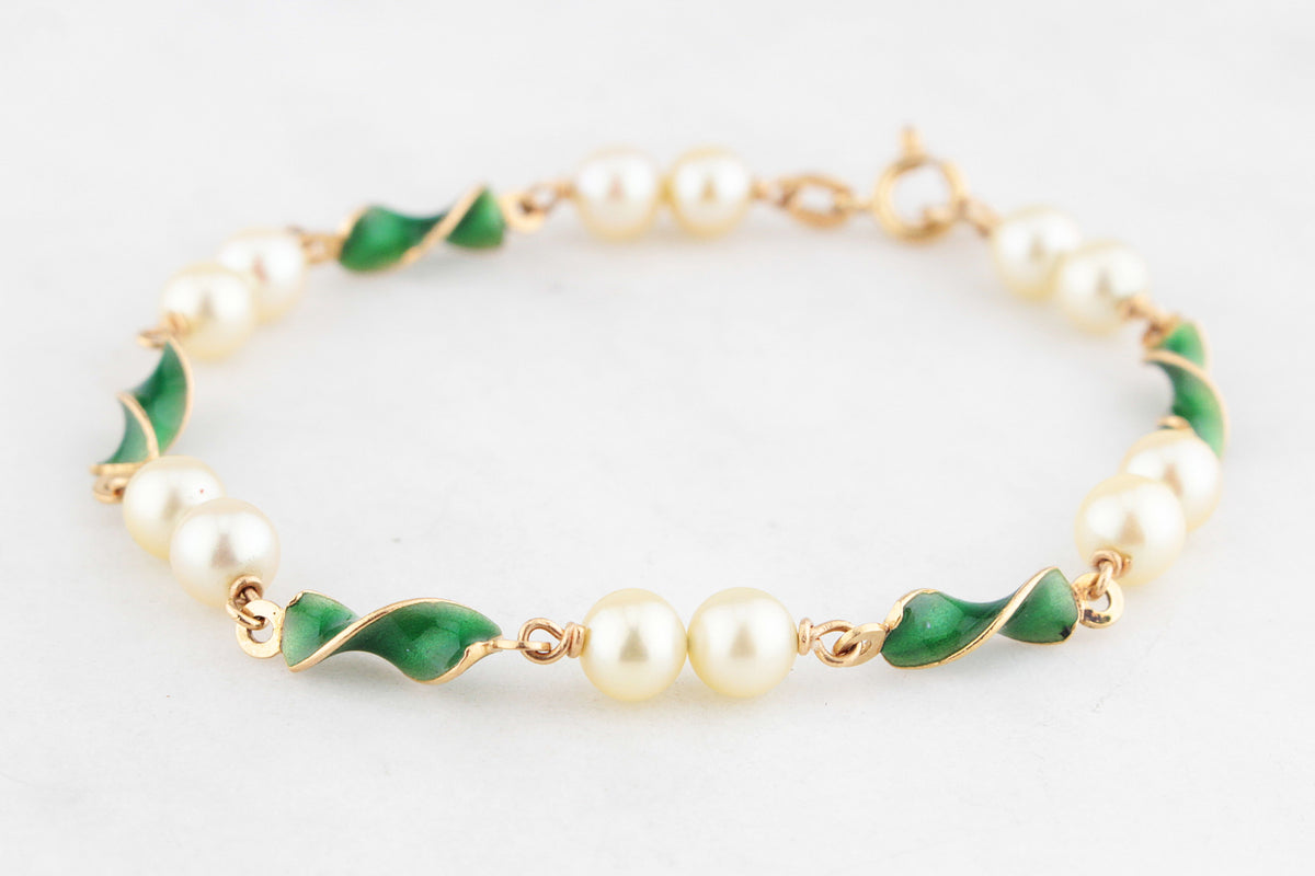 VINTAGE ITALIAN ENAMEL &amp; PEARL BRACELET 18ct GOLD