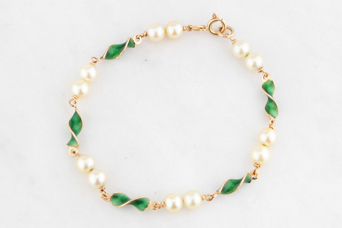 VINTAGE ITALIAN ENAMEL &amp; PEARL BRACELET 18ct GOLD