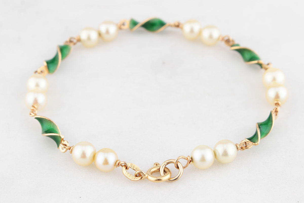VINTAGE ITALIAN ENAMEL &amp; PEARL BRACELET 18ct GOLD