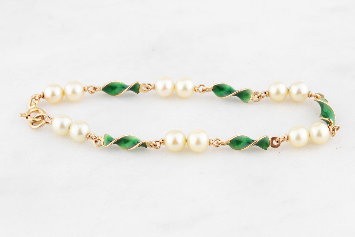 VINTAGE ITALIAN ENAMEL &amp; PEARL BRACELET 18ct GOLD