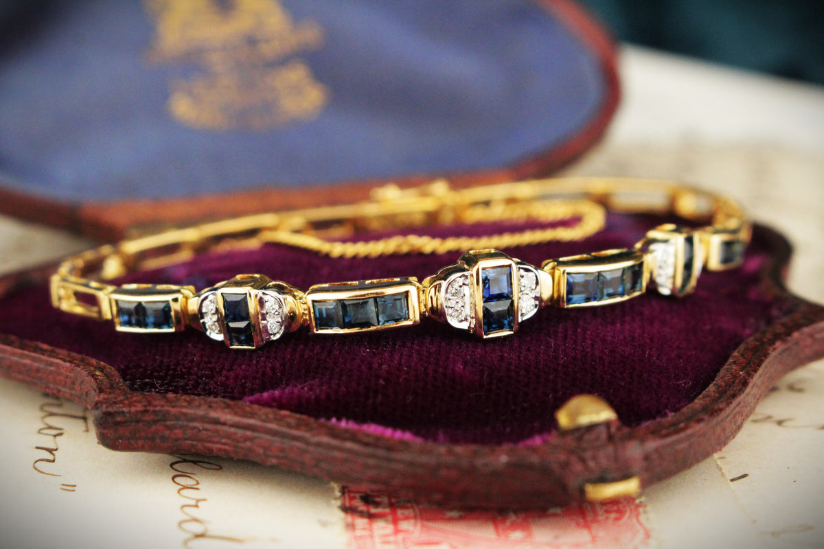 VINTAGE ART DECO STYLE SAPPHIRE &amp; DIAMOND BRACELET 18ct GOLD
