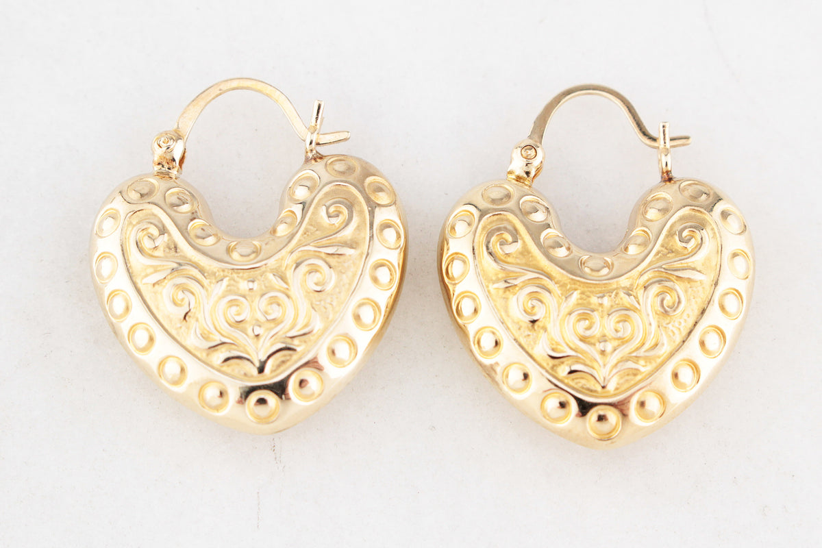 VINTAGE ETCHED HEART EARRINGS 9ct GOLD