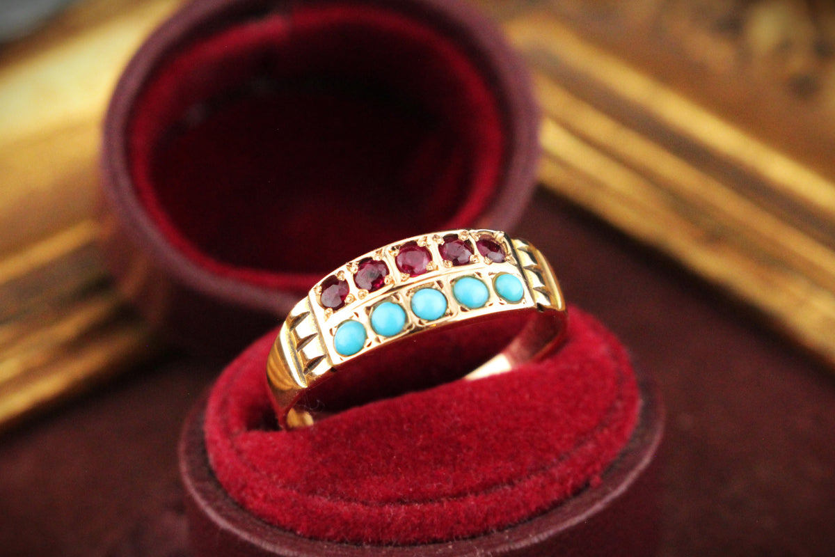 ANTIQUE AUSTRALIAN c1900 RUBY &amp; TURQUOISE RING 15ct GOLD