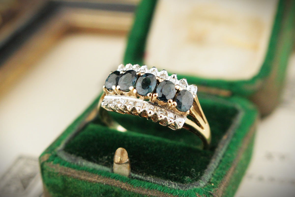 RETRO c1980 SAPPHIRE &amp; DIAMOND RING 14ct GOLD