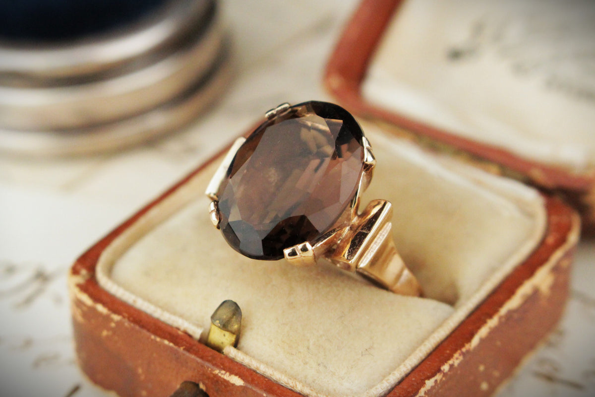 VINTAGE MID CENTURY SMOKY QUARTZ COCKTAIL RING 9ct GOLD
