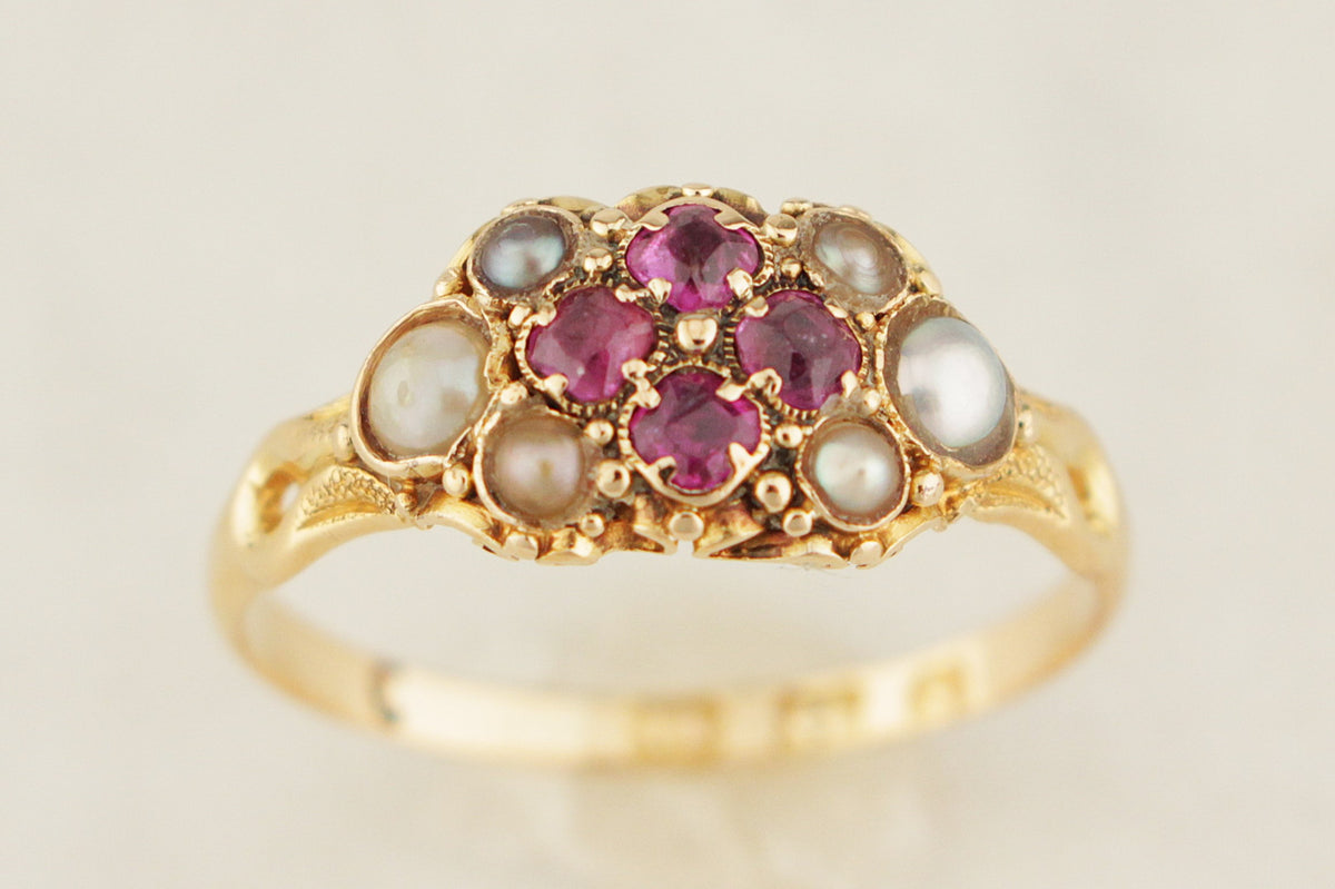 ANTIQUE VICTORIAN 1867 RUBY &amp; SEED PEARL RING 18ct GOLD