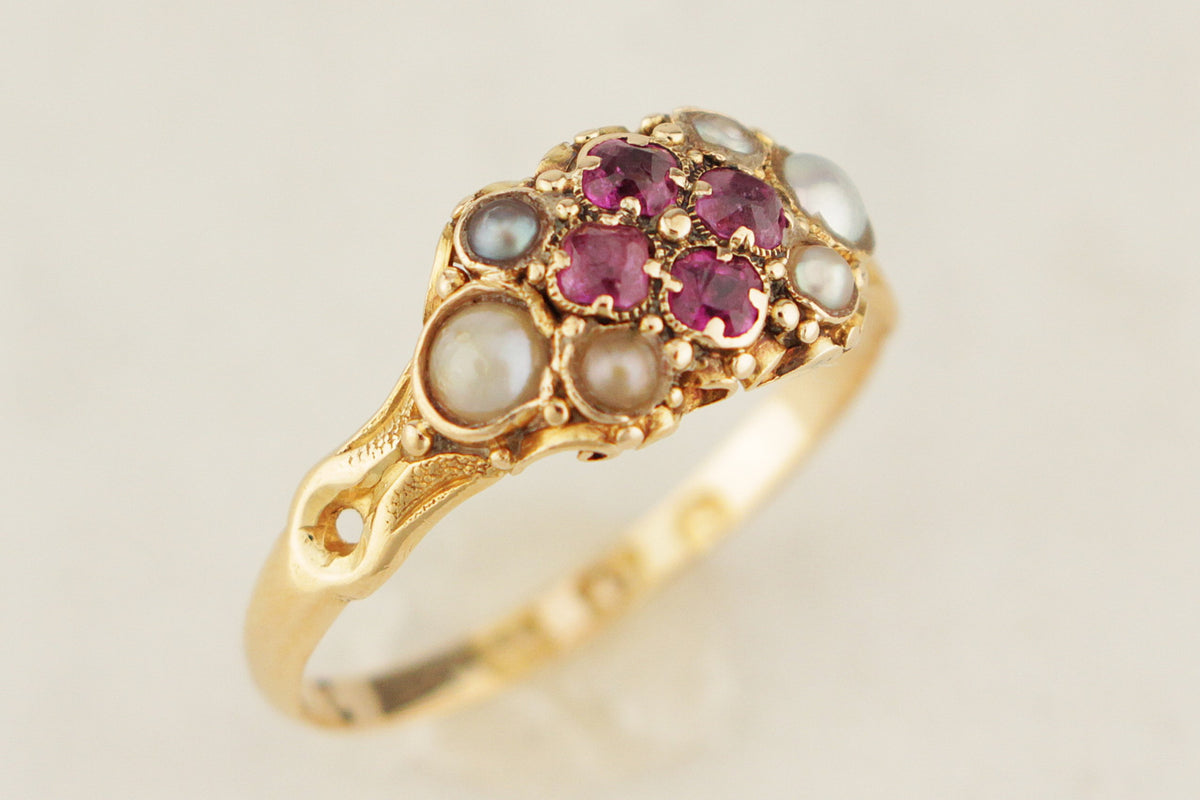 ANTIQUE VICTORIAN 1867 RUBY &amp; SEED PEARL RING 18ct GOLD