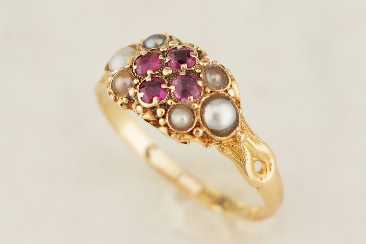 ANTIQUE VICTORIAN 1867 RUBY &amp; SEED PEARL RING 18ct GOLD