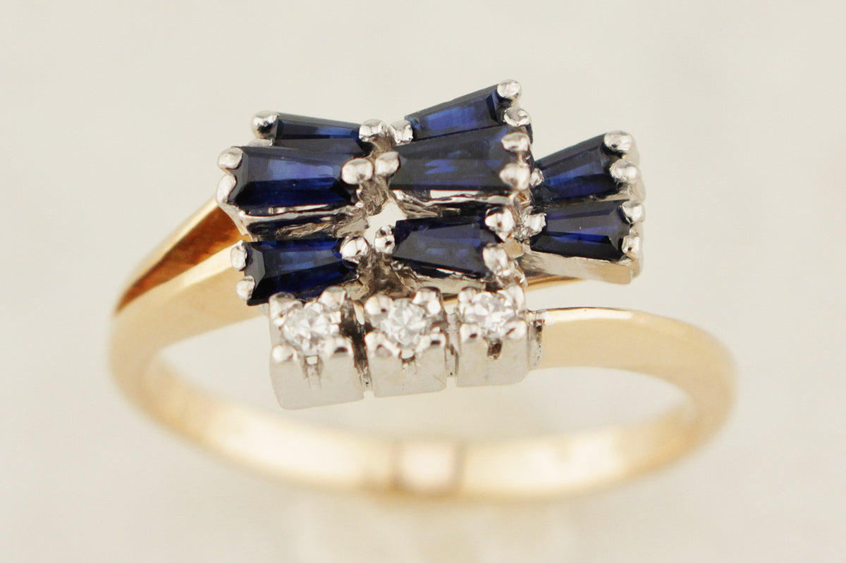 VINTAGE RETRO ERA c1940/50 SAPPHIRE &amp; DIAMOND RING 14ct GOLD
