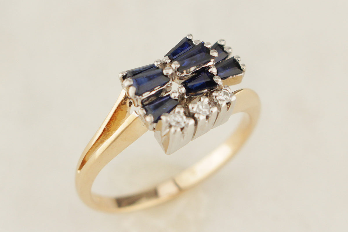 VINTAGE RETRO ERA c1940/50 SAPPHIRE &amp; DIAMOND RING 14ct GOLD