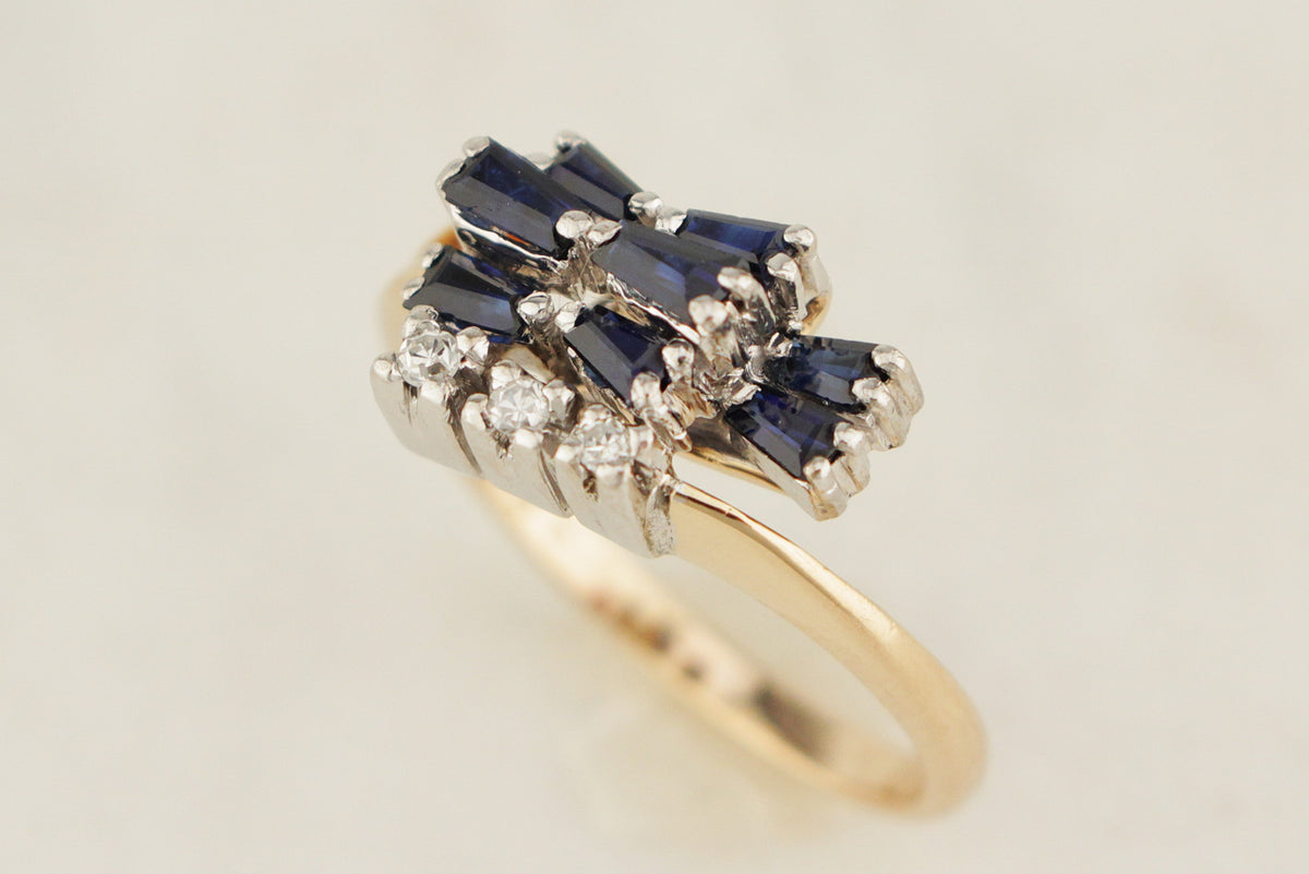 VINTAGE RETRO ERA c1940/50 SAPPHIRE &amp; DIAMOND RING 14ct GOLD
