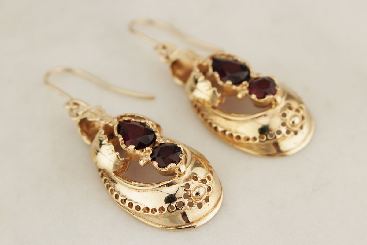 ANTIQUE VICTORIAN c1830 GARNET EARRINGS 9ct GOLD