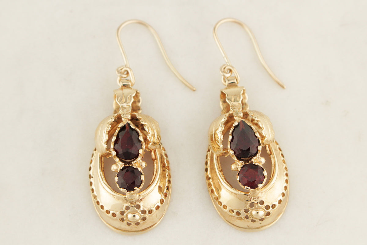 ANTIQUE VICTORIAN c1830 GARNET EARRINGS 9ct GOLD