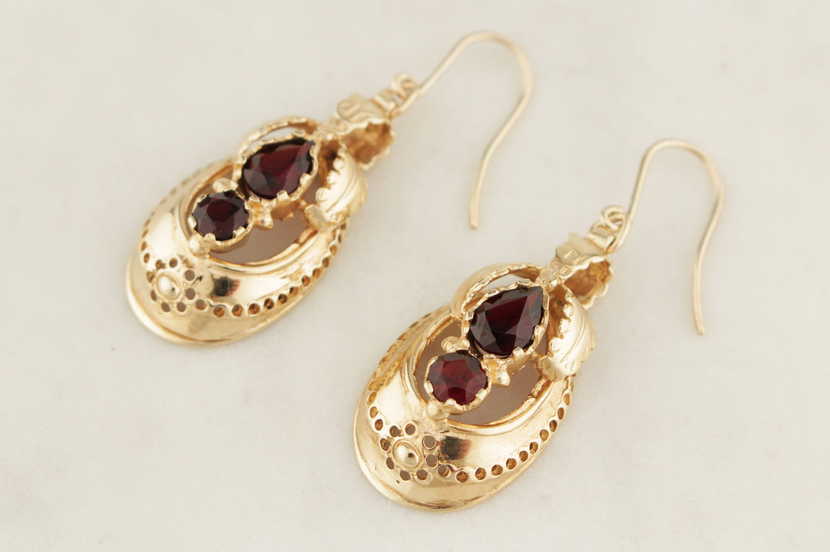 ANTIQUE VICTORIAN c1830 GARNET EARRINGS 9ct GOLD