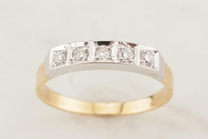 VINTAGE ESTATE FIVE STONE DIAMOND BAND RING ON 18ct YELLOW & WHITE GOLD