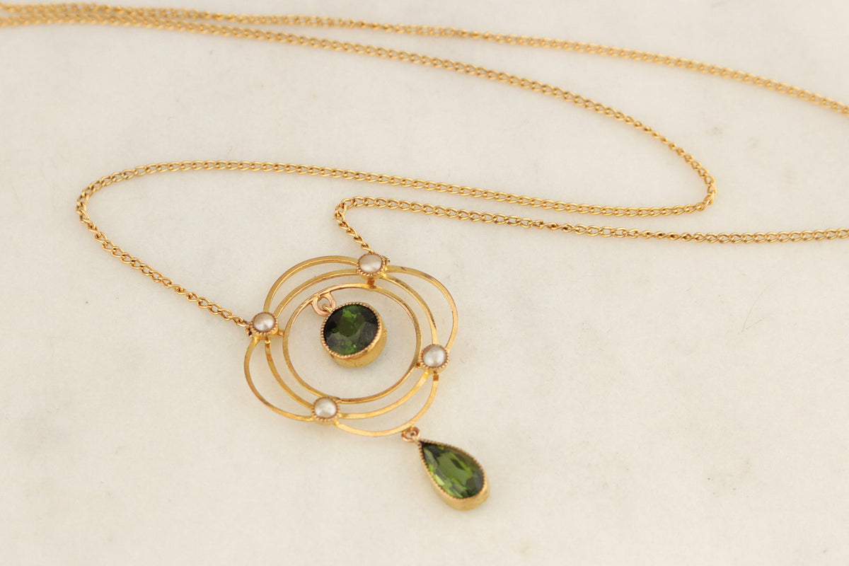 ANTIQUE EDWARDIAN c1900 TOURMALINE & SEED PEARL NECKLACE 9ct GOLD