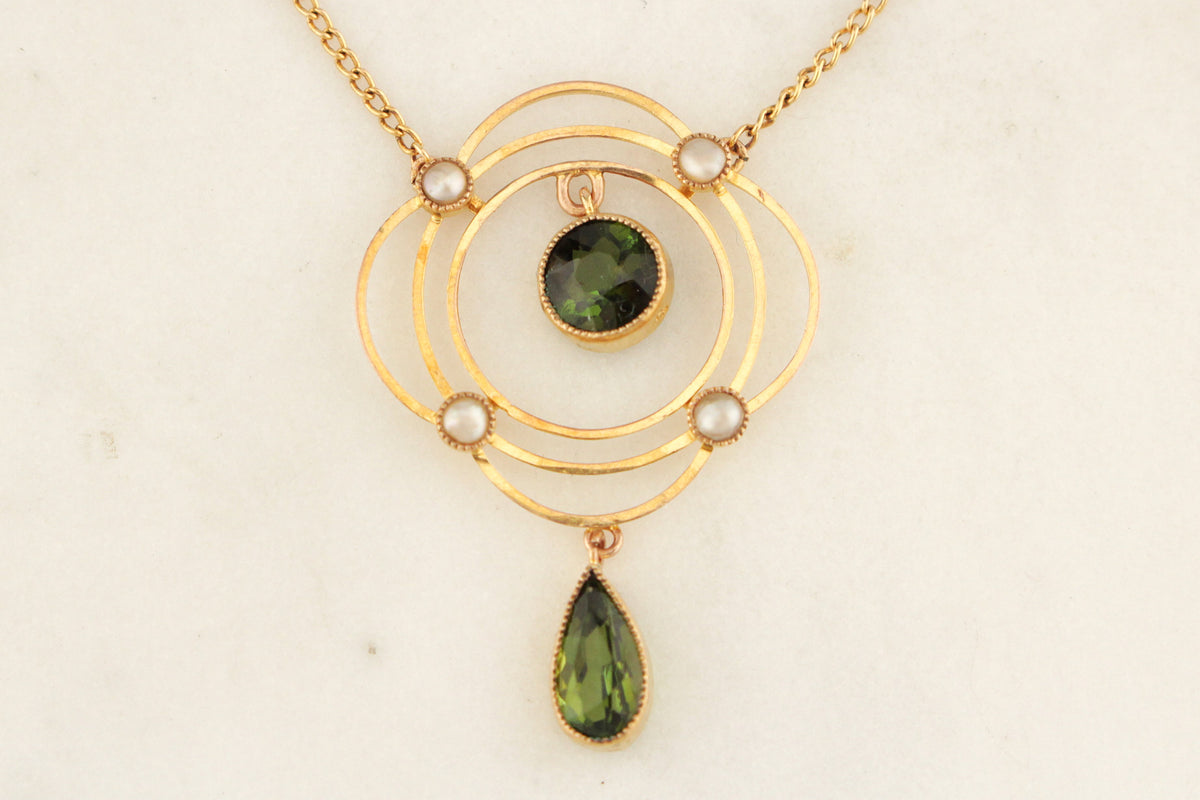ANTIQUE EDWARDIAN c1900 TOURMALINE & SEED PEARL NECKLACE 9ct GOLD