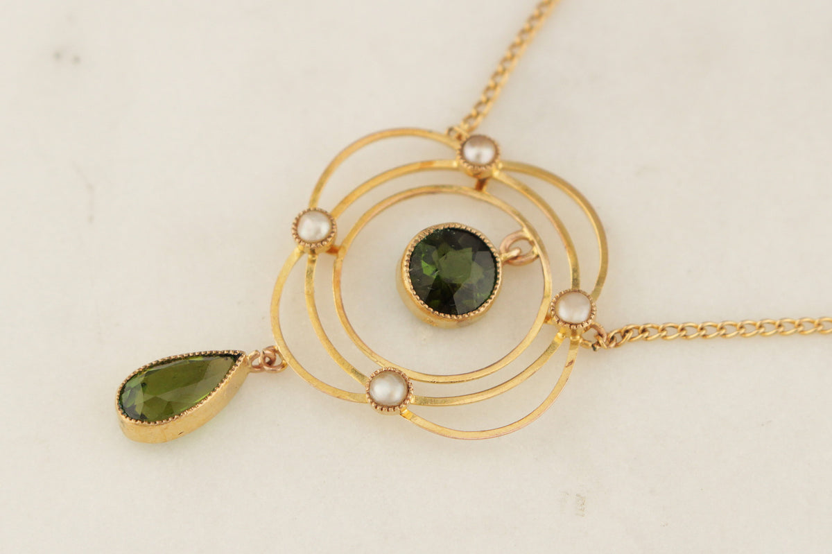 ANTIQUE EDWARDIAN c1900 TOURMALINE & SEED PEARL NECKLACE 9ct GOLD