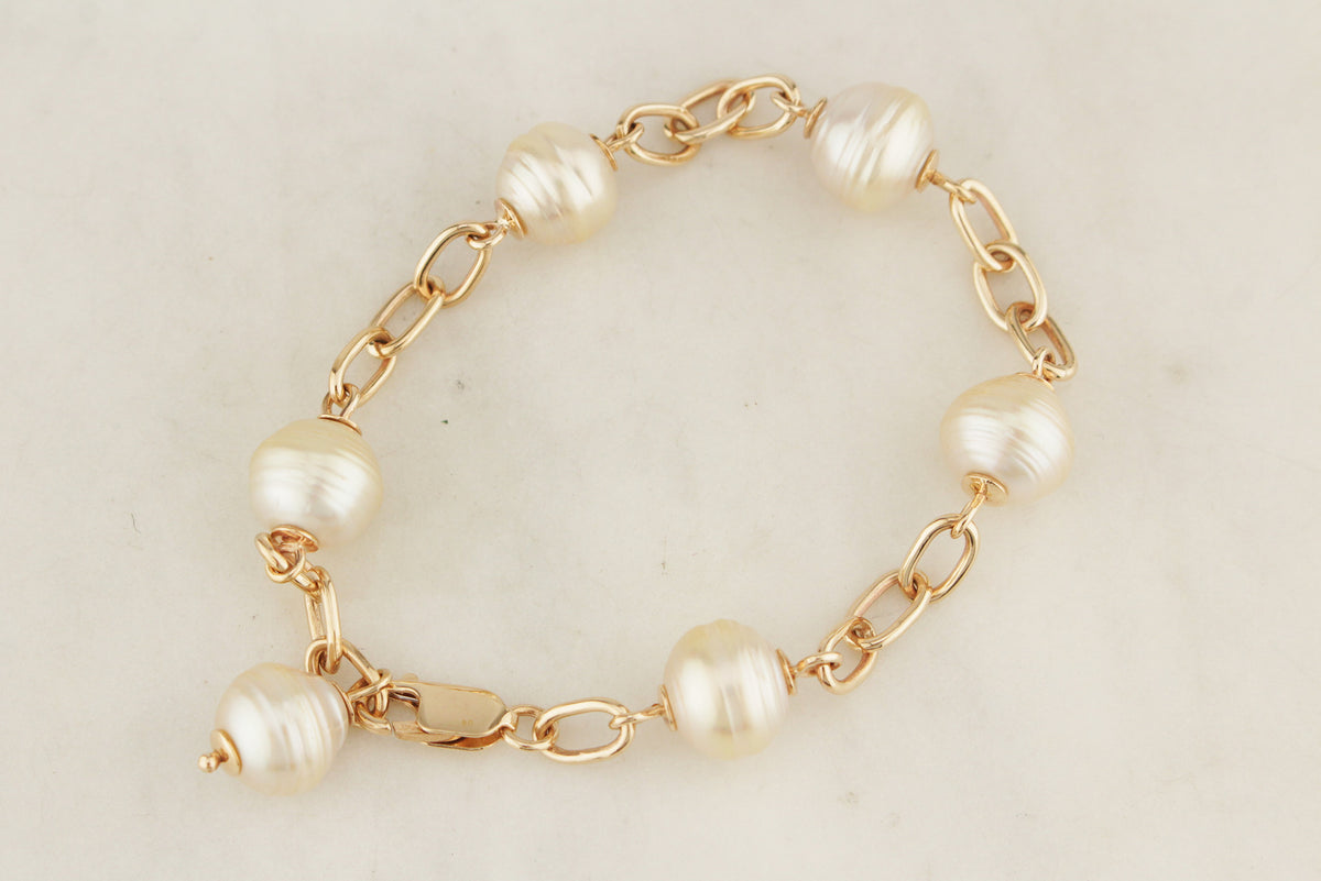 RETRO c1980 SEMI BAROQUE PEARL BRACELET 9ct GOLD