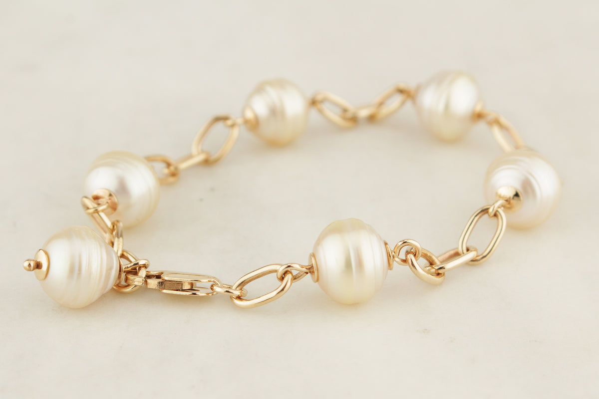 RETRO c1980 SEMI BAROQUE PEARL BRACELET 9ct GOLD
