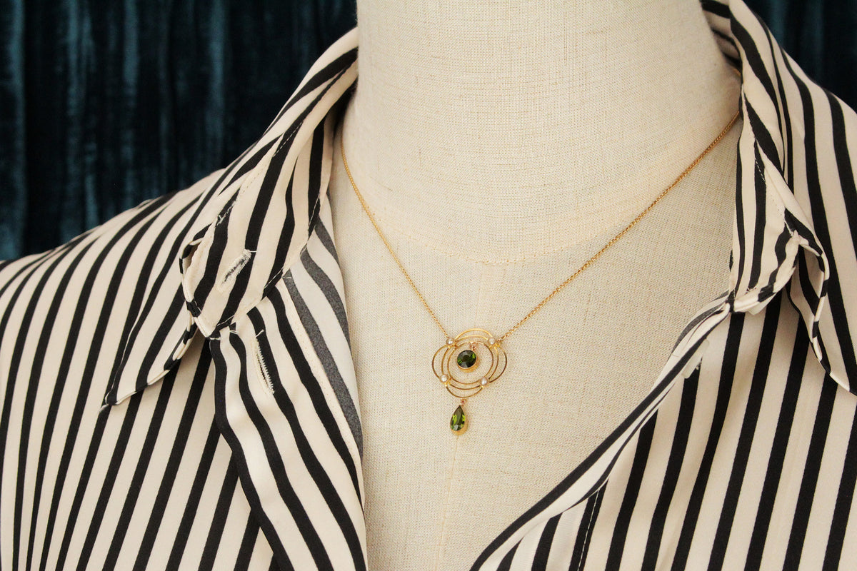 ANTIQUE EDWARDIAN c1900 TOURMALINE & SEED PEARL NECKLACE 9ct GOLD