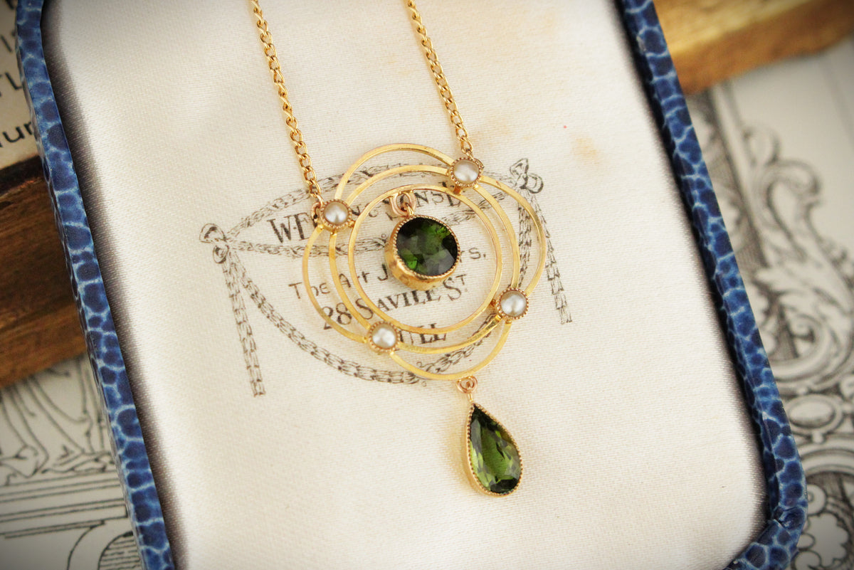 ANTIQUE EDWARDIAN c1900 TOURMALINE & SEED PEARL NECKLACE 9ct GOLD