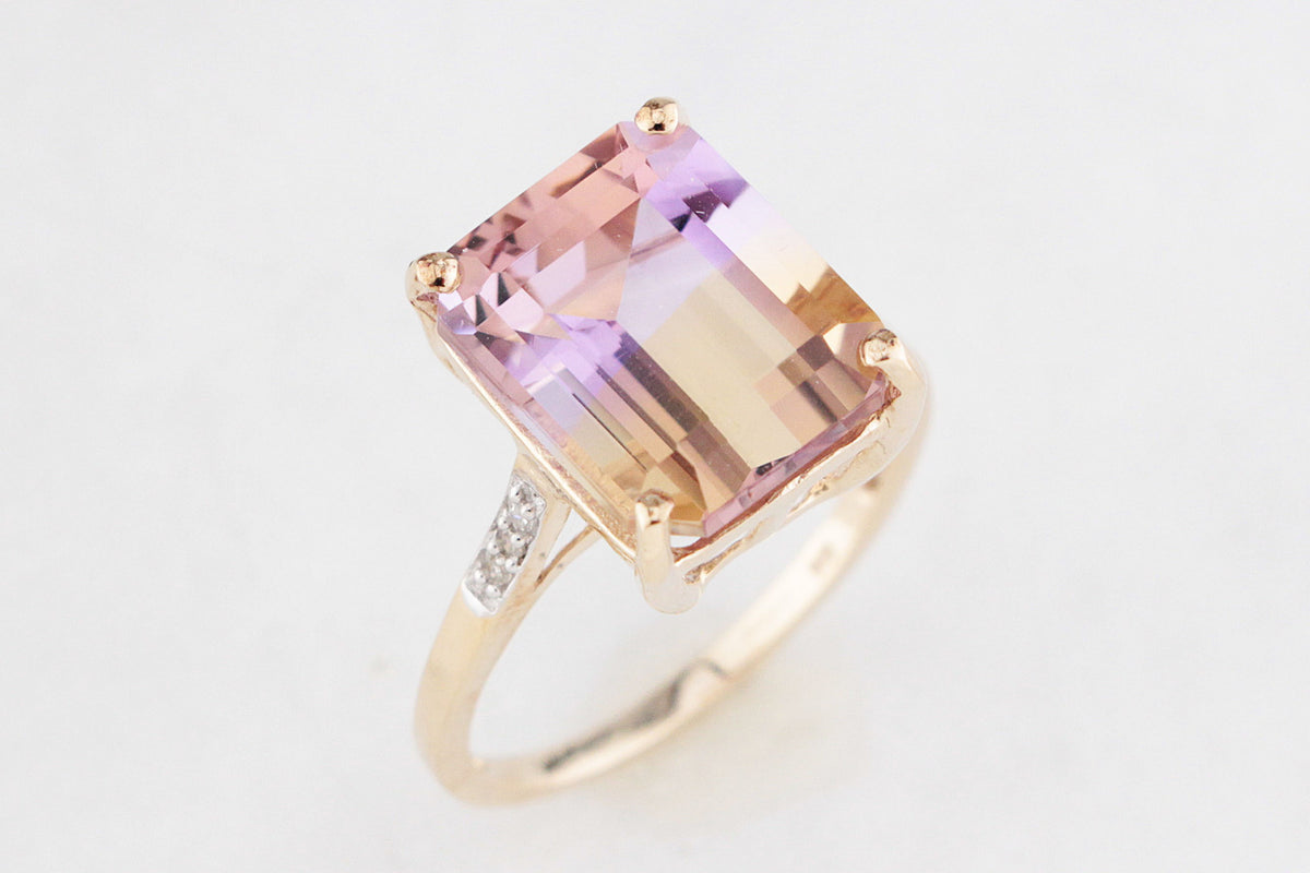 MODERN 6.4ct AMETRINE &amp; DIAMOND RING 9ct GOLD