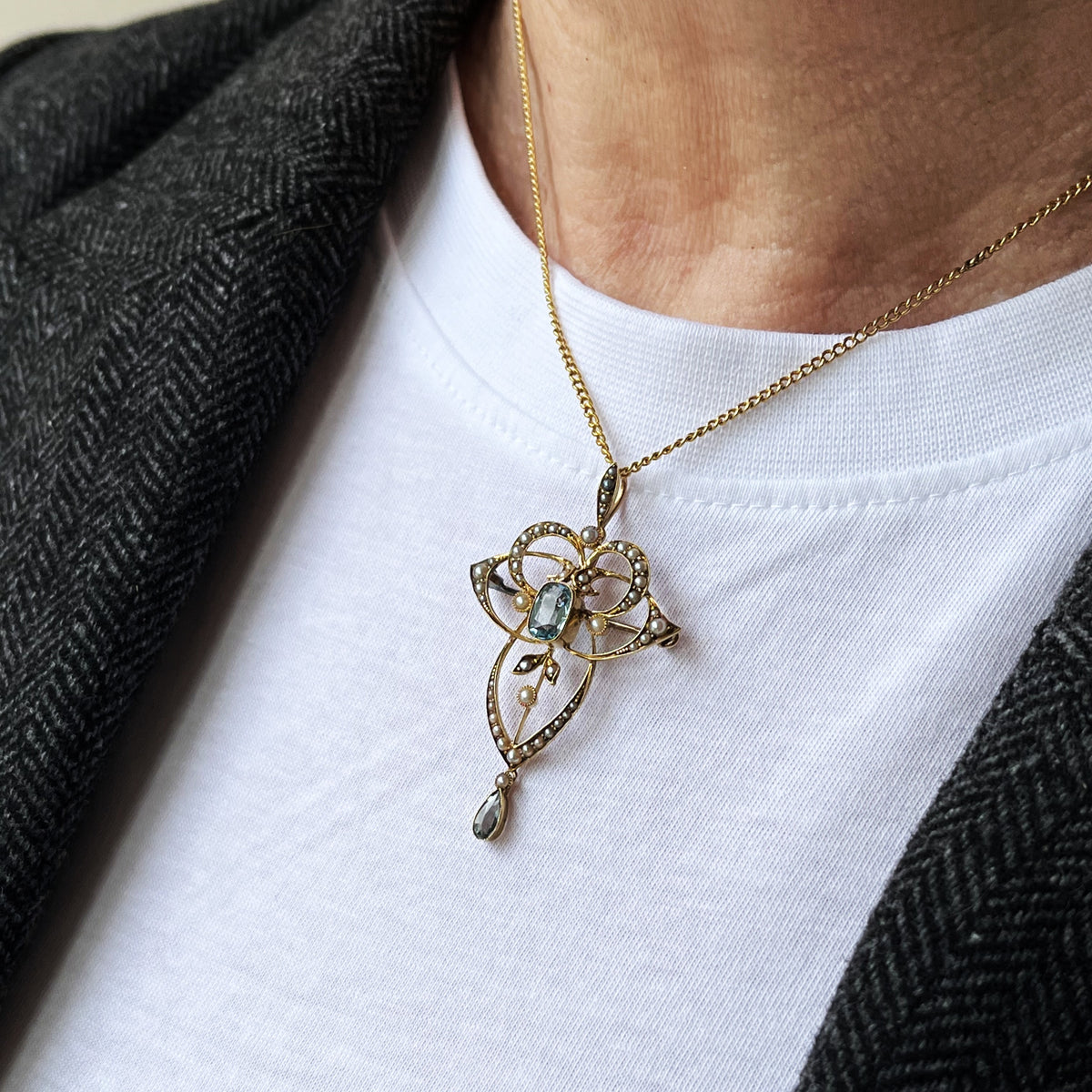 ANTIQUE EDWARDIAN 1912 AQUAMARINE & SEED PEARL PENDANT 15ct GOLD