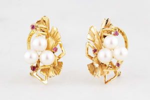 MID-CENTURY c1960’s PEARL & RUBY EARRINGS 14ct GOLD