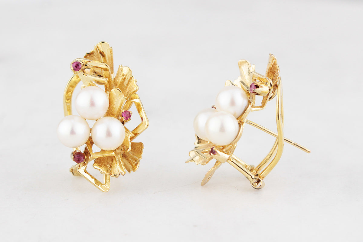MID-CENTURY c1960’s PEARL &amp; RUBY EARRINGS 14ct GOLD