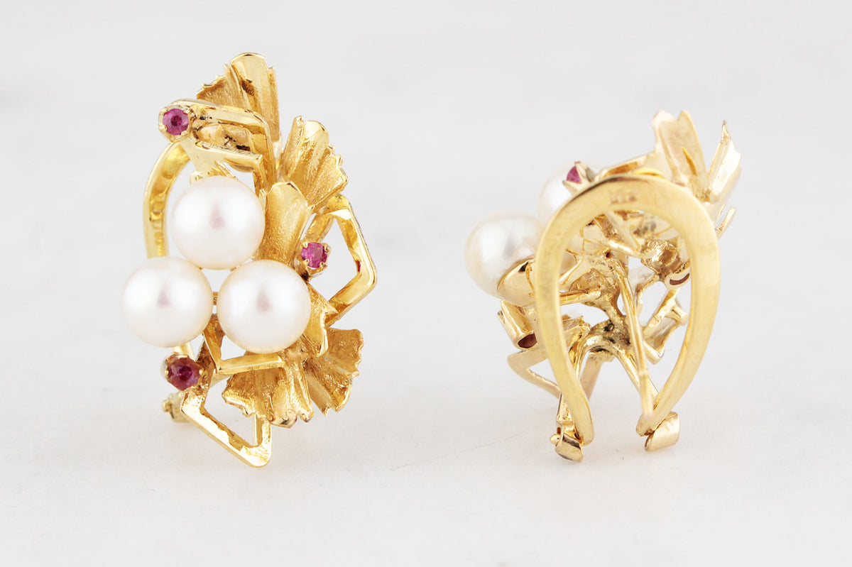 MID-CENTURY c1960’s PEARL &amp; RUBY EARRINGS 14ct GOLD