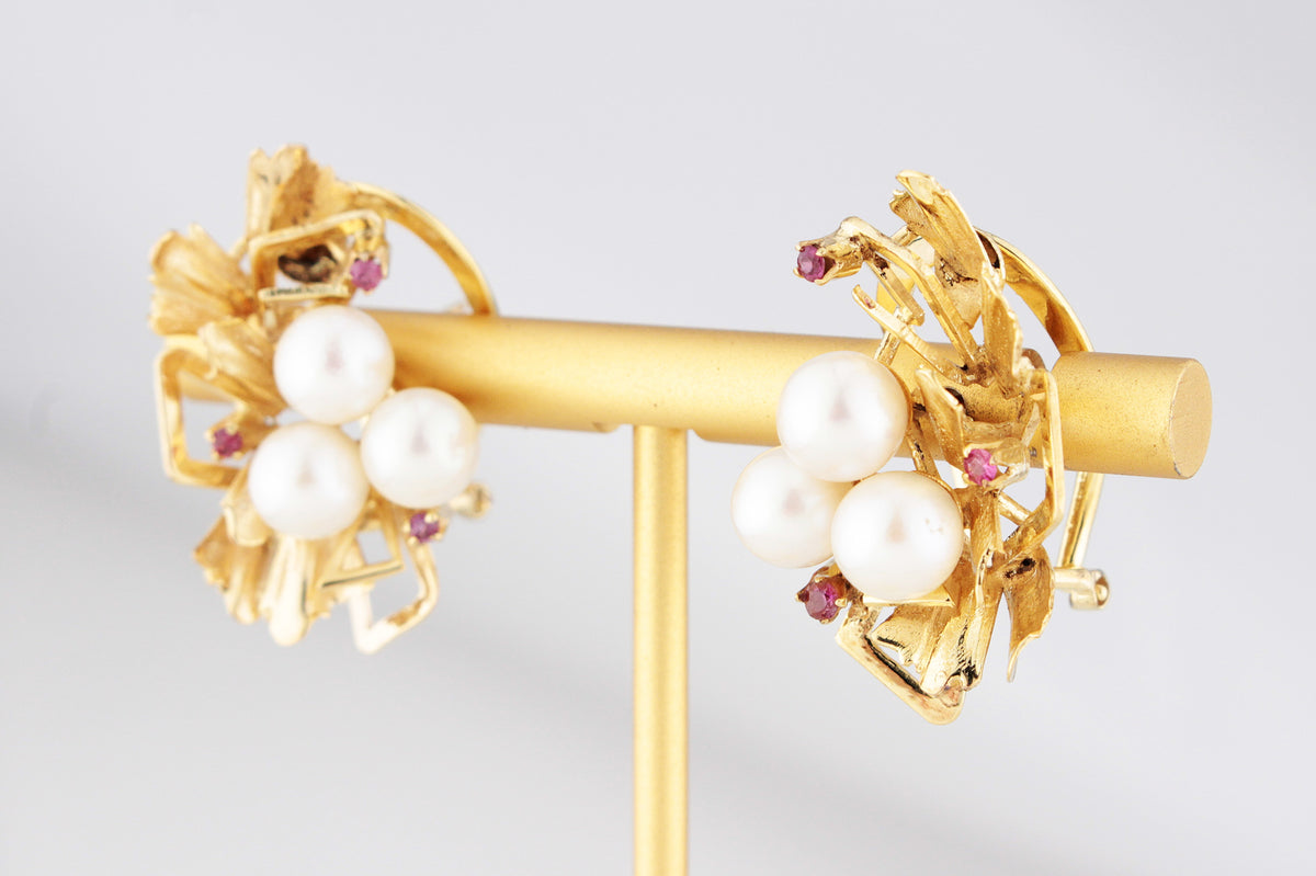 MID-CENTURY c1960’s PEARL &amp; RUBY EARRINGS 14ct GOLD
