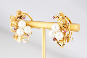 MID-CENTURY c1960’s PEARL & RUBY EARRINGS 14ct GOLD