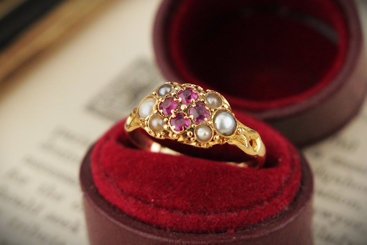 ANTIQUE VICTORIAN 1867 RUBY &amp; SEED PEARL RING 18ct GOLD