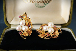 MID-CENTURY c1960’s PEARL & RUBY EARRINGS 14ct GOLD