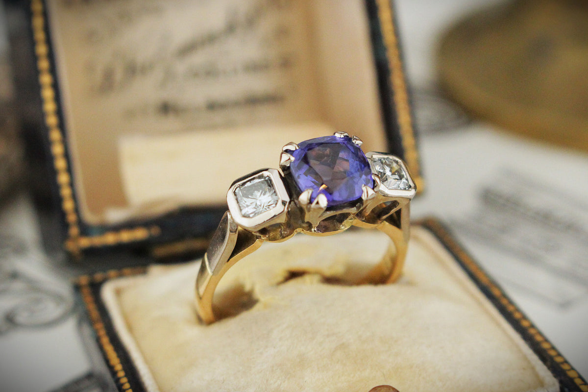 VINTAGE c1970 TANZANITE &amp; DIAMOND RING 18ct GOLD