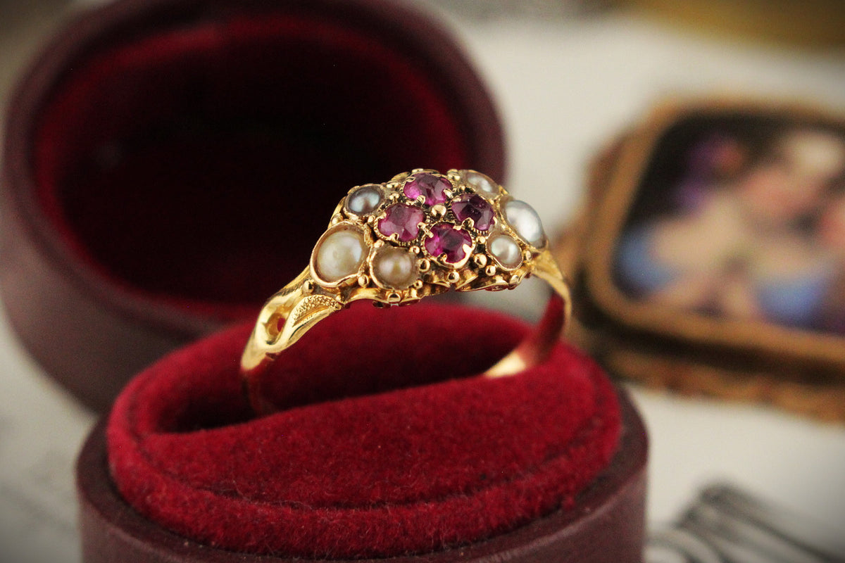 ANTIQUE VICTORIAN 1867 RUBY &amp; SEED PEARL RING 18ct GOLD