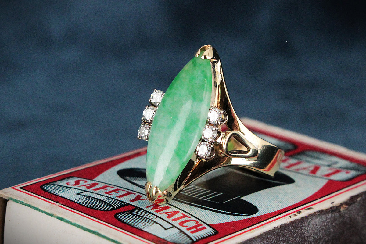 VINTAGE c1940 JADE &amp; DIAMOND RING 14ct GOLD