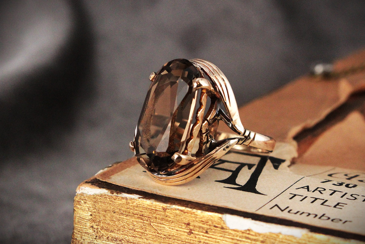 VINTAGE MID CENTURY 8.70ct SMOKY QUARTZ RING 14ct GOLD