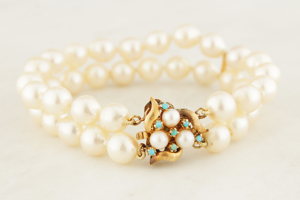 VINTAGE c1960 SEMI-BAROQUE PEARL &amp; TURQUOISE DOUBLE STRAND BRACELET