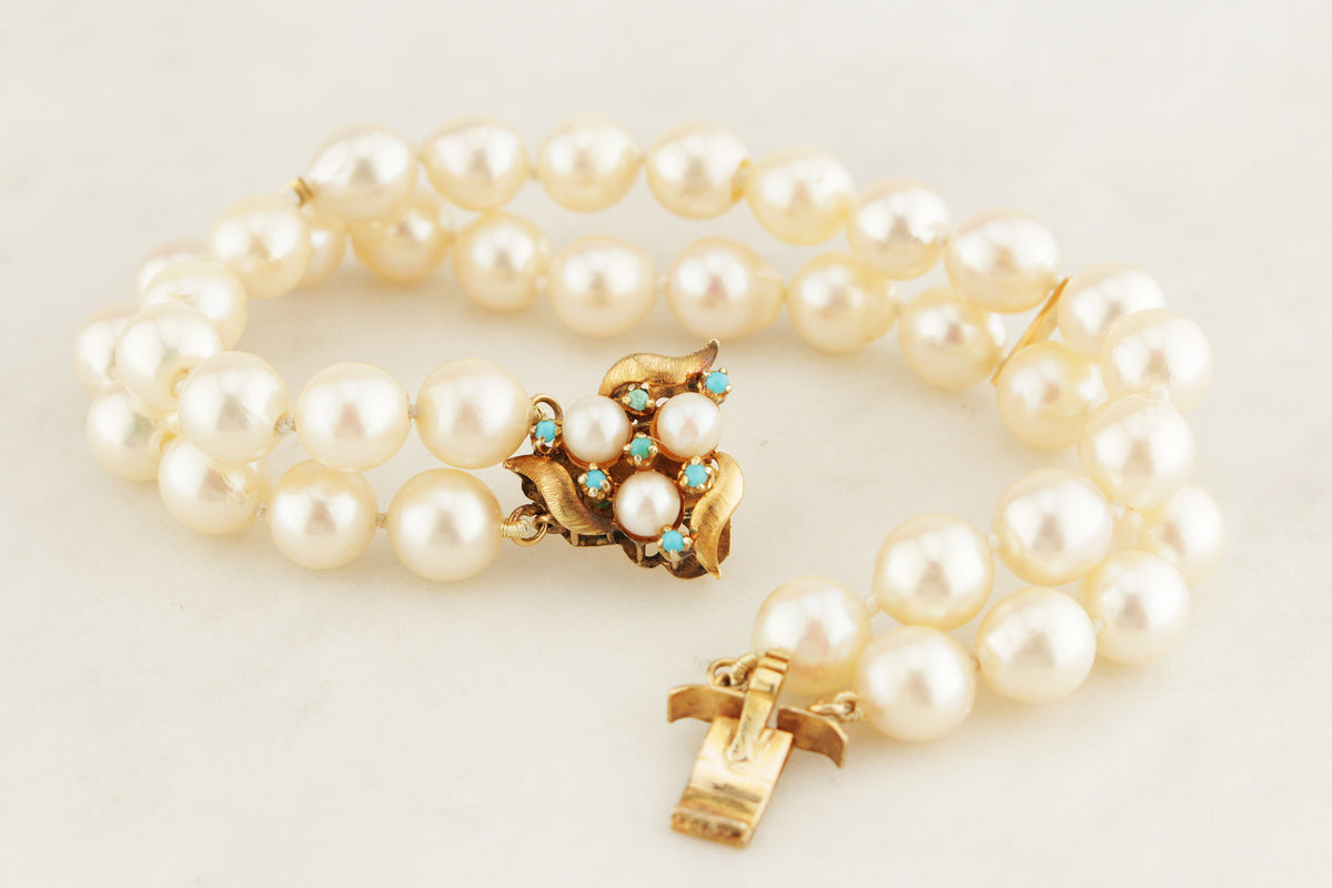 VINTAGE c1960 SEMI-BAROQUE PEARL &amp; TURQUOISE DOUBLE STRAND BRACELET