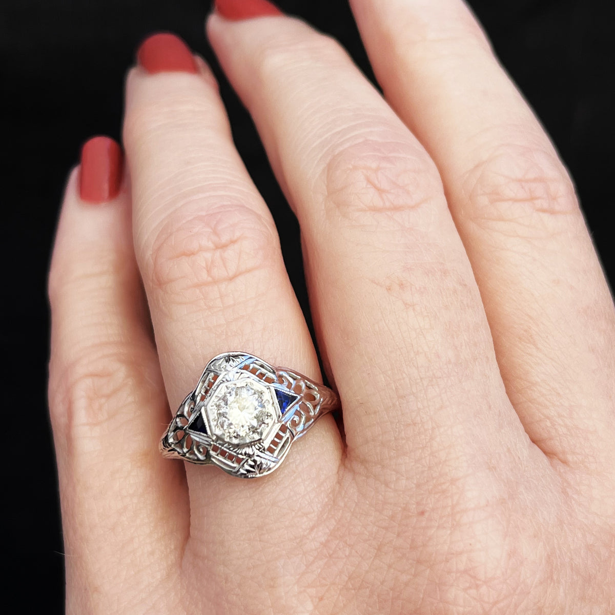 ANTIQUE 1920s .65ct DIAMOND &amp; SAPPHIRE RING 18ct WHITE GOLD