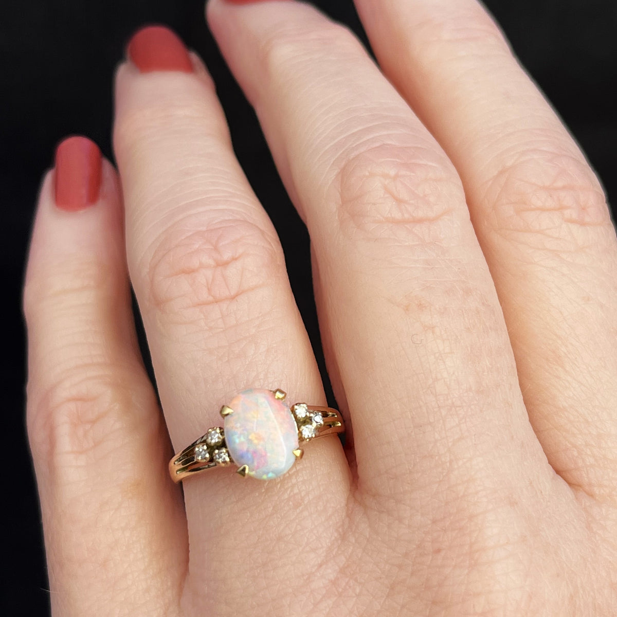 VINTAGE SOLID OPAL &amp; DIAMOND RING 18ct GOLD