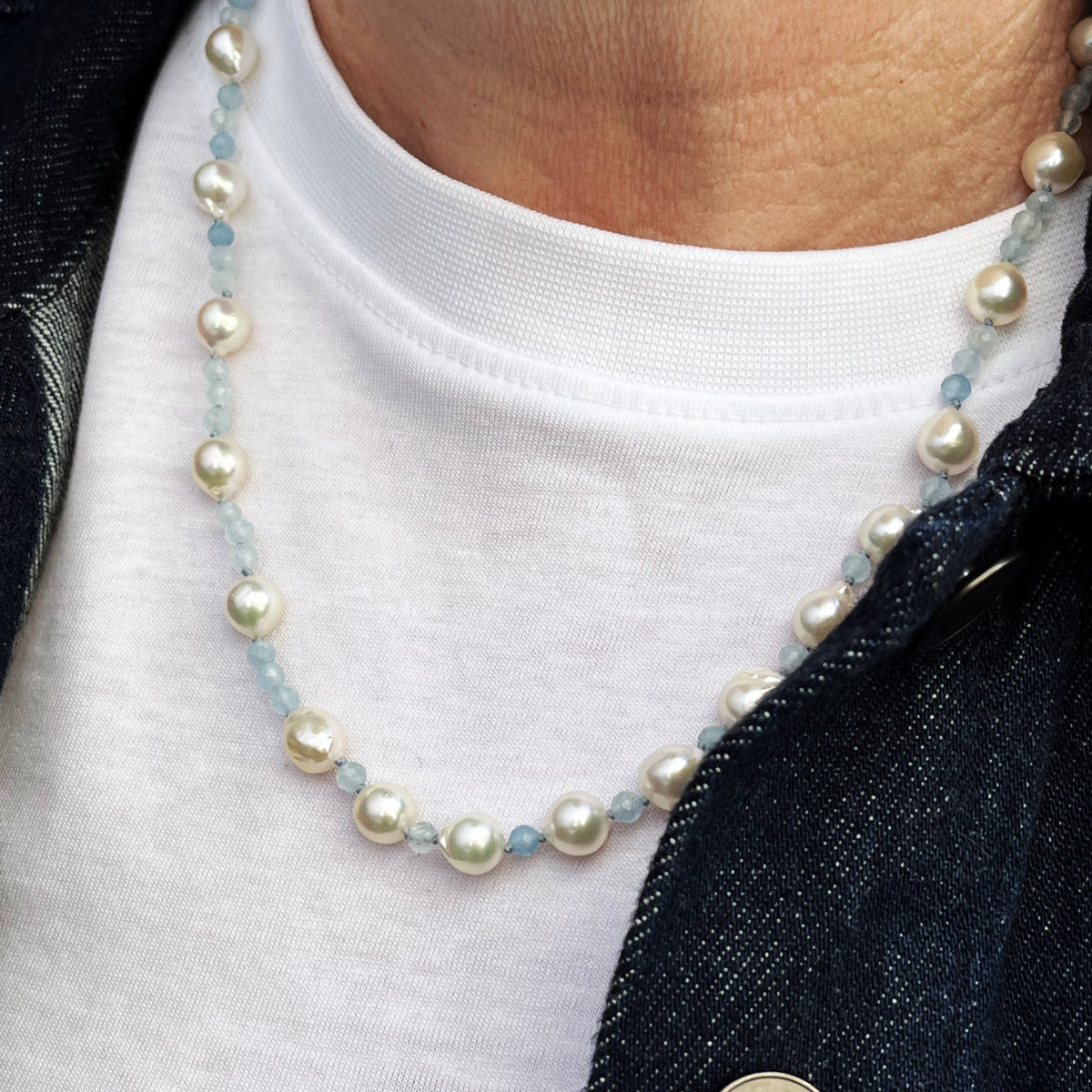 BESPOKE PEARL &amp; AQUAMARINE NECKLACE 9ct GOLD