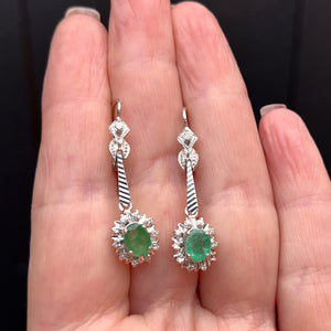 VINTAGE MID CENTURY c1950/60 EMERALD & DIAMOND EARRINGS 18ct WHITE GOLD