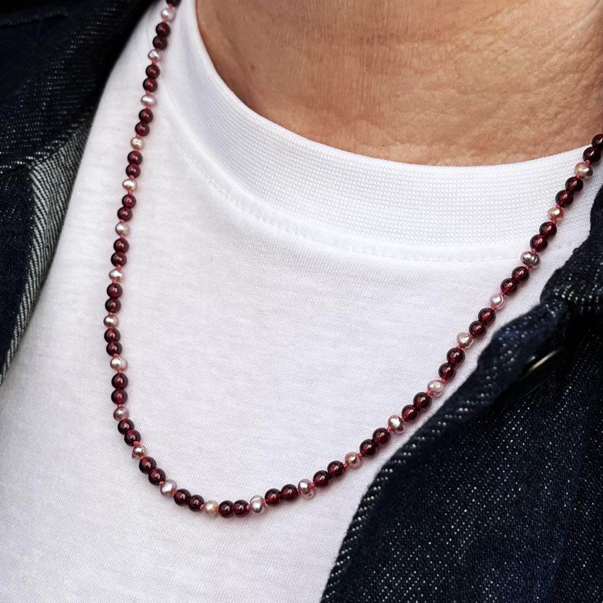 BESPOKE GARNET &amp; PINK PEARL NECKLACE 9ct GOLD