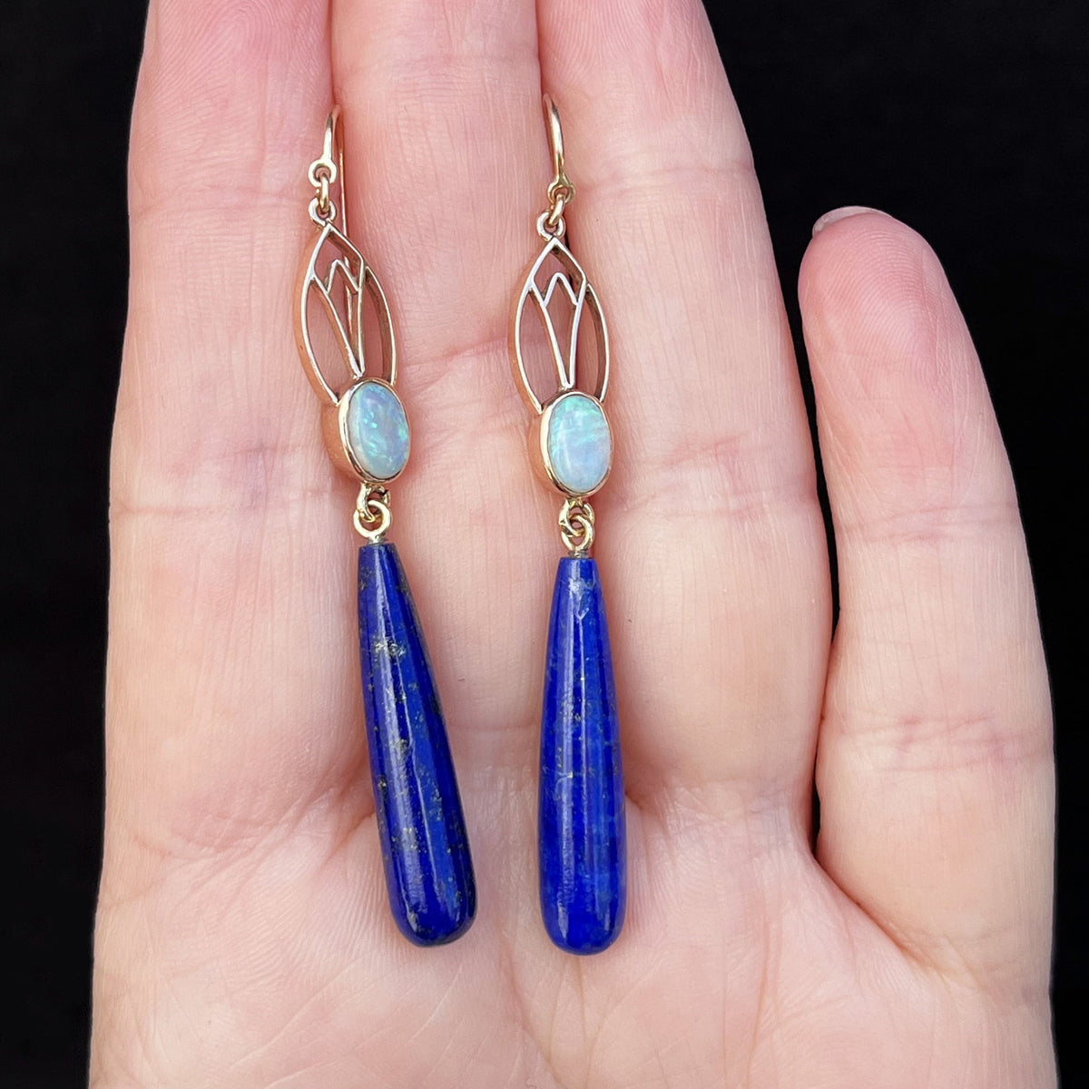 BESPOKE ART NOUVEAU SOLID OPAL &amp; LAPIS LAZULI EARRINGS 9ct GOLD